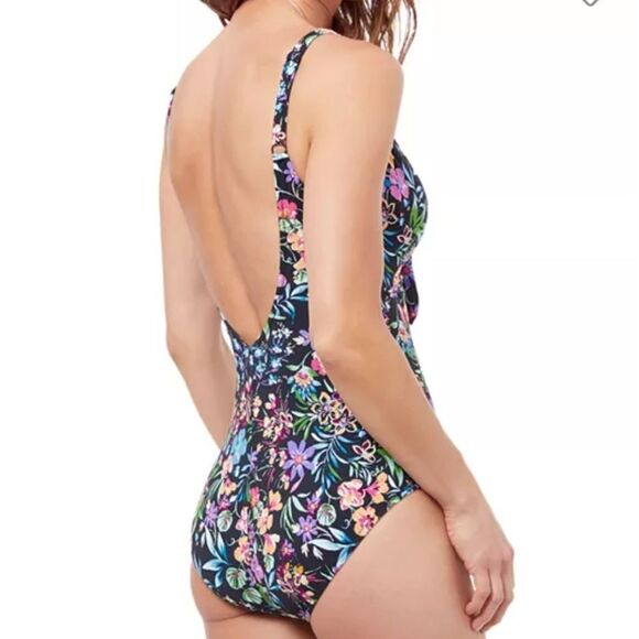 Gottex Flora Floral Tie Front black V-neck Shirred One Piece Swimsuit Size 12 - Picture 3 of 16